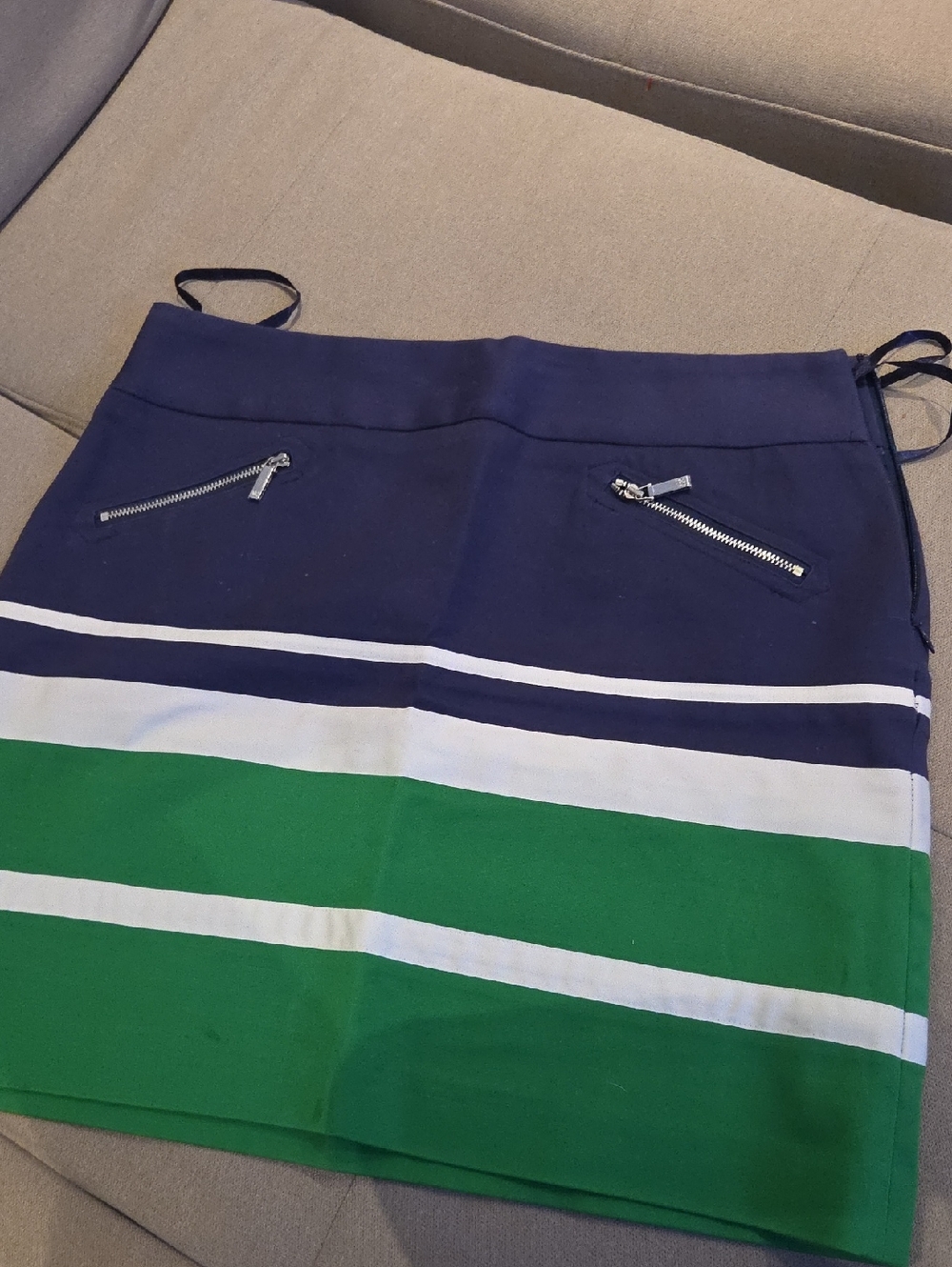 Anne Klein Navy, Green and White Striped Mini Skirt with Zip Pockets